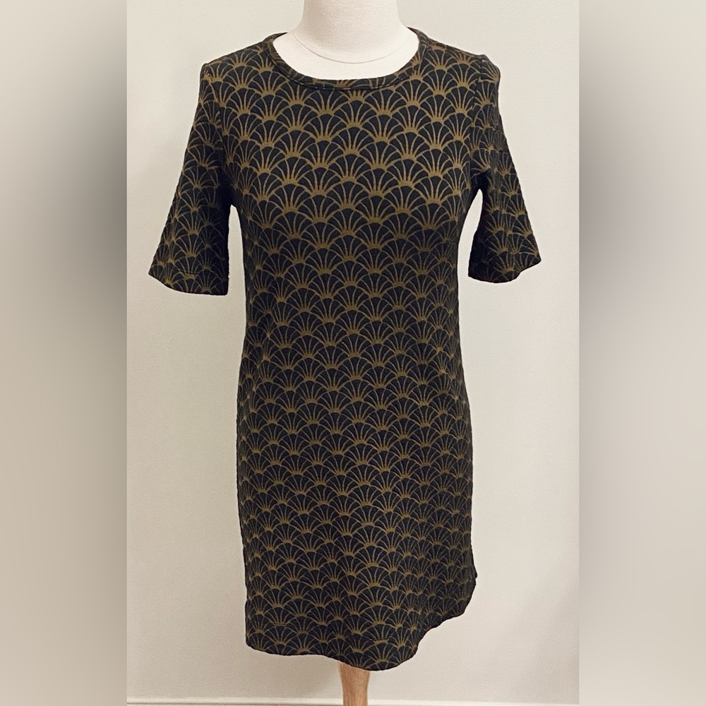 LOFT Black Gold Art Deco Fan Print SZ S 1920s-Inspired Gatsby Style Mini Dress